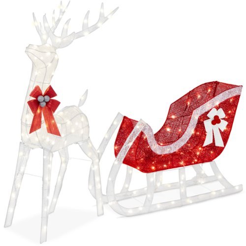 Best Choice Products - XL Lighted Christmas 5ft Reindeer & Sleigh Holiday Outdoor Decor Set w/265 LED Lights - White - White - Extra Large-Front_Standard 