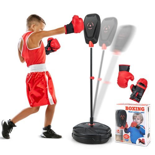 Costway - Kids Punching Bag with Stand Height Adjustable Boxing Equipment with Gloves - Black-Front_Standard 