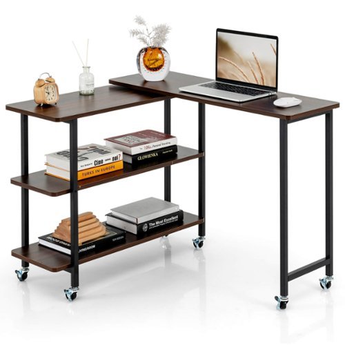 Costway 360° Rotatable Sofa Side Table L-shaped Laptop Desk Snack Table withShelf Patented - Walnut