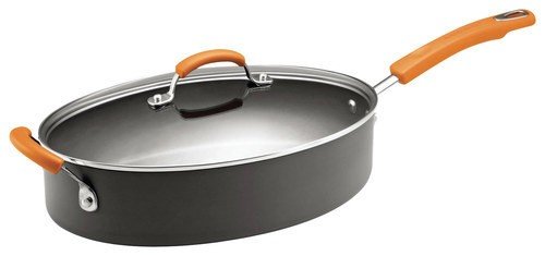 Rachael Ray Hard-Anodized Oval Sauté Pan Nonstick with Lid, 5-Quart, Gray and Orange - Gray with Orange Handles