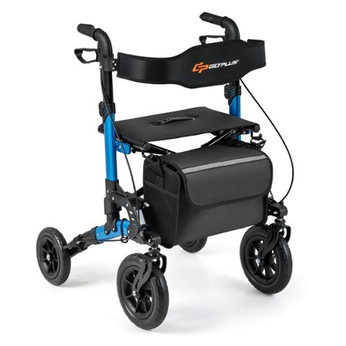 Costway - Rollator Walker for Seniors with Seat Mesh Backrest Spring Suspension Cane Holder - Blue + Black-Front_Standard 