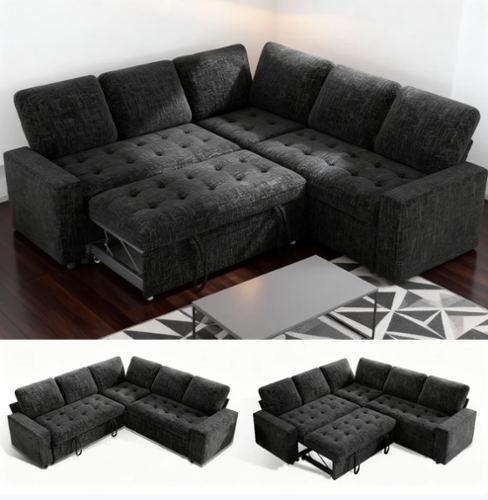 Vipbear - 5 Seat L Shaped Modular Sectional Sleeper Sofa Bed with Pull Out Bed/Reclining Backrest/USB Ports/Storage Seat - Black-Front_Standard 