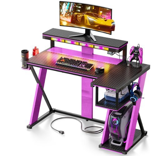 Bestier - 42-inch L-shaped Gaming Desk with RGB Music Sync Lights, 3 AC Outlets & Dual Cup Holders - Black Purple-Front_Standard 