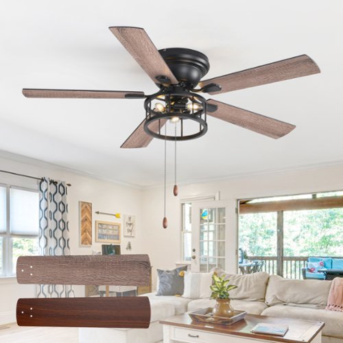 Breezary - 52-In Indoor Flush Mount Ceiling Fan with Light Kit, 5 Dual-Tone Plywood Blades, Reversible Motor, Remote/Chain Control - Dual Wood Grain + Pull Chain Control-Front_Standard 