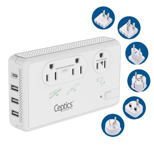 Ceptics - 2000W Travel Converter – 220V to 110V – Hair Dryers & USB QC 3.0 – SWadAPt Plugs - White-Front_Standard 