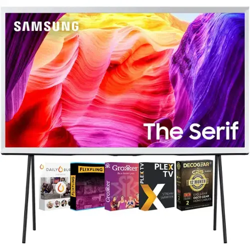 SAMSUNG  
The Serif  

DAILY BUZZ  
FLIXFLING  
Grokker  
PLEX TV  
DECOGEAR  
CPS BUNDLE  
12 MONTH  
STREAM SMARTER  
EXCLUSIVE  
HDMI CABLES  
PREMIUM PROTECTION