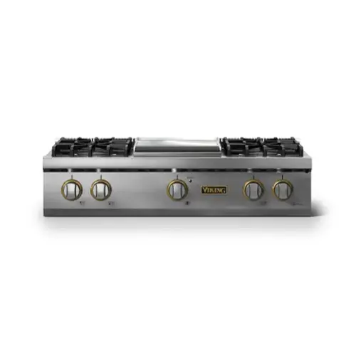 Front. Viking - 36"W. Pro5S 4 Burner Built-in Gas Sealed Burner Rangetop-Stainless Steel/Brushed Brass - Stainless Steel.