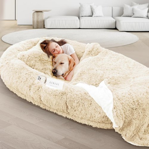 LOVMOR - Oversize Human Dog Bed Memory Foam Bed with Plump Pillow and Blanket - Beige-Front_Standard 