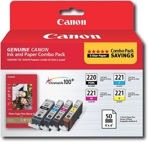  Canon - PGI-220, CLI-221 and Photo Paper 4-Pack Standard Capacity - Black/Yellow/Cyan/Magenta Ink Cartridges + Photo Paper - Black/Cyan/Magenta/Yellow