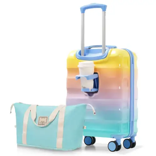 Front. Ecooso - 20-Inch Carry-On Luggage with Cup Holder Lightweight Glossy Hardshell Suitcase with Spinner Wheels TSA Lock 2-Piece Set - Blue & Orange.