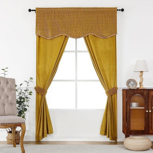 Kate Aurora - Christmas Essentials Light Filtering Complete Attached Velvet Window Curtains & Valance Set - Gold-Front_Standard 