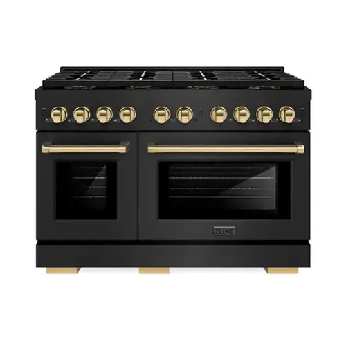 Front. ZLINE - ZLINE Autograph 48 in. Black Stainless Paramount Gas Range with 8 DuoPro Burners & Gold Accents (PSGRBZ-48-G) - Black Stainless Steel.