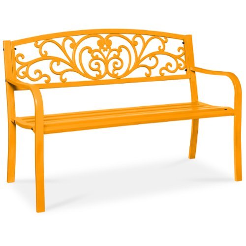 Best Choice Products - Outdoor Steel Bench Garden Patio Porch Furniture w/ Floral Design Backrest - Marigold-Front_Standard 