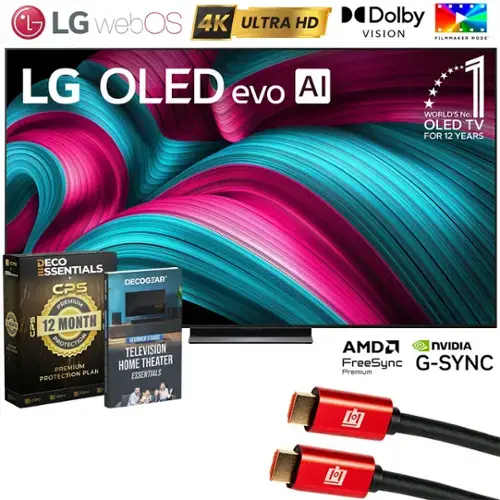 LG webOS 4K ULTRA HD LG OLED evo AI  
Dolby VISION FILMMAKER MODE  
WORLD'S No. 1 OLED TV FOR 12 YEARS  
DECO ESSENTIALS  
DECOGEAR CPS PREMIUM  
12 MONTH PROTECTION  
BEGINNER'S GUIDE  
TELEVISION PREMIUM HOME THEATER PLAN ESSENTIALS  
AMD FreeSync  
NVIDIA G-SYNC Premium