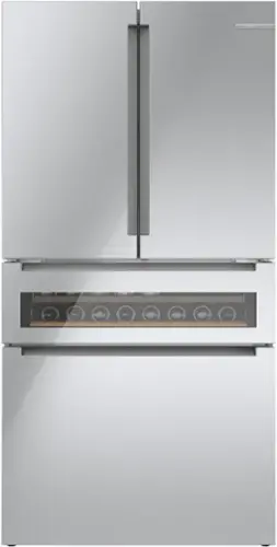 Front. Bosch - 800 Series 36 in. Wide 20 Cu. Ft. 4-Door French Door Bottom Freezer Counter-Depth Smart Refrigerator - Stainless Steel.