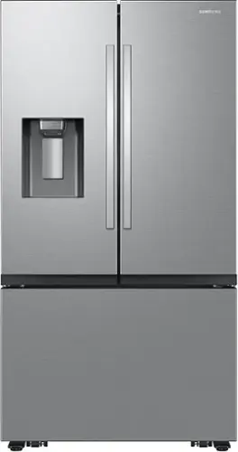 Front. Samsung - Bespoke AI 26 cu. ft. Mega Capacity Counter Depth 3-Door French Door Refrigerator with External Water & Ice Dispenser - Stainless Steel.