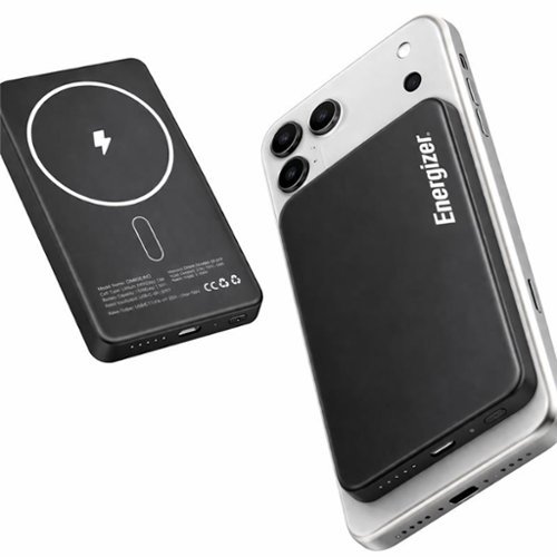 Energizer - 5,000mAh SLIM METAL 20W Magnetic Wireless Qi/Qi2.0/MagSafe PowerBank, Portable Charger, 2 Outputs, LED Display, & USB-C - Black-Front_Standard 