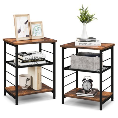 Costway 2 PCS 3-Tier Side End Table with Adjustable Mesh Shelf Narrow Nightstand - Rustic Brown