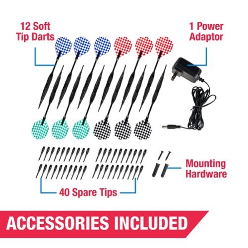 MD Sports Elmhurst Smart Dartboard Cabinet with Digital Scorekeeping and Soft Tip Dart Set - ‎Wood / Black / White / Red / Blue BUY ONLINE