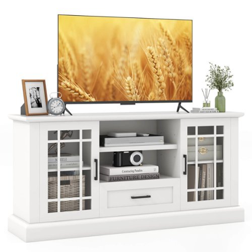 Gymax - Farmhouse TV Stand for TVs up to 70'' Media Center w/Glass Doors Cubbies & Drawer - White-Front_Standard 