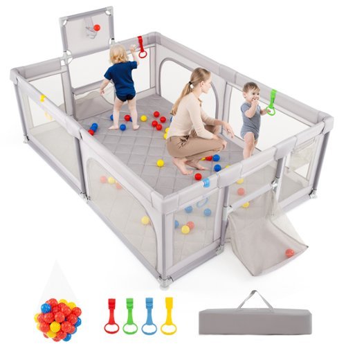 Gymax - 81'' x 57'' Extra Large Playpen for Babies & Toddlers w/Basketball Hoop - Gray-Front_Standard 