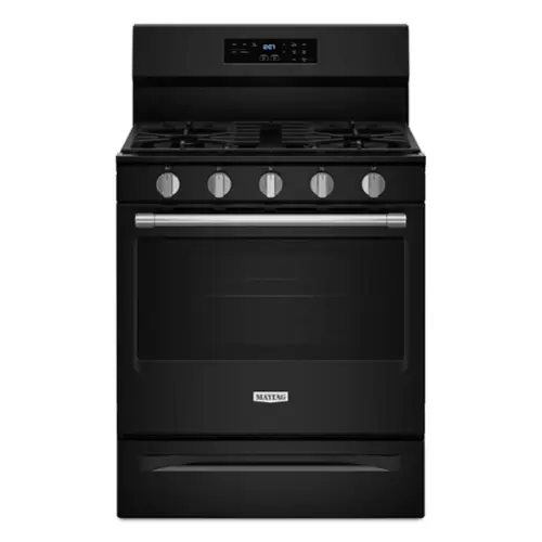 The text on the image reads "201 N N4 MAYTAG." This suggests that the oven is a Maytag brand and has a model number starting with "201." The oven is a black, stainless steel, gas-powered stove with a digital display.