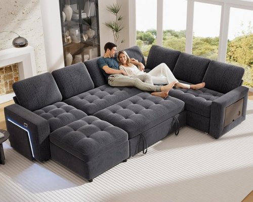Dyonery - 7-seater U-shaped sofa, with pull-out bed, reclining backrest, storage cabinet, tool-free assembly, snow velvet - Gray-Front_Standard 