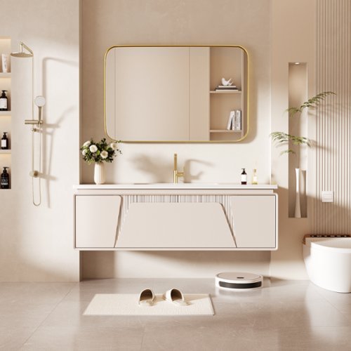 LOVMOR Tempered Glass Rounded Rectangle Framed Wall-Mounted Bathroom Vanity Mirror - 24 x 36 - Gold WORLDWIDE DELIVERY