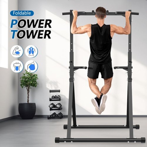 KERDOM - Foldable Pull Up Station Pull Up Bar For Home Gym, Power Tower Strength Training Space Saving Anti Slip, 300lbs Capacity - Black-Front_Standard 