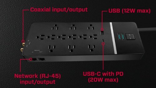 Rocketfish™ 12-Outlet Strip/1-USB-C/1-USB 4,680 Joules Surge Protector - Black BUY IN UAE