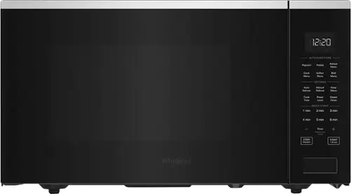 The image shows a black microwave oven with a digital display showing the time of 12:20. The oven has various functions, including auto functions such as popcorn, potato, reheat, menu, cook, soften, melt, and manual defrost. Additionally, it offers options like auto defrost, manual defrost, keep warm, cook time, power level, steam clean, and quick start. The oven also has a timer feature that allows users to set the desired cooking time, ranging from 1 to 6 minutes. The oven is made by Whirlpool, a well-known appliance brand.