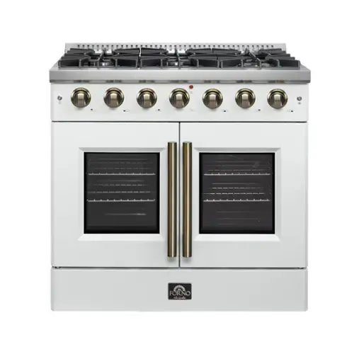 A 2 door stove with a 4 burner cooktop.