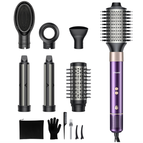 Teendow - 1500W 7-in-1 Hair Dryer Brush and Hair Styler Set, Hot Air Styling Tool, Blow Dryer Brush with Negative Ions - Purple-Front_Standard 