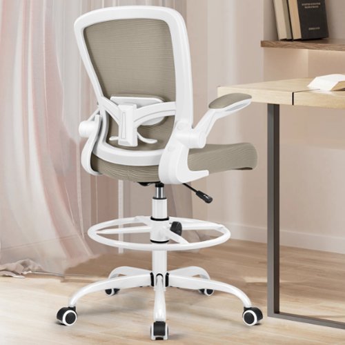 KERDOM - High Back Drafting Chair Ergonomic Tall Office Chair With Lumbar Support Breathable Mesh Painting Chair, Flip-up Armrest - Khaki-Front_Standard 