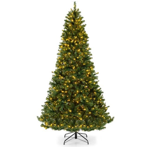 Costway - 8 FT Artificial Xmas Tree with 1498 PVC Branch Tips 880 Warm White LED Lights - Green