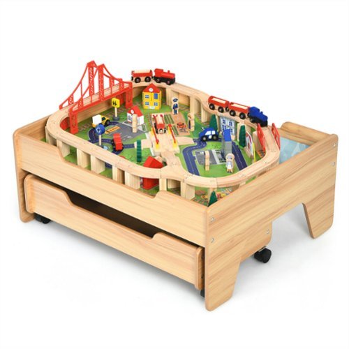 Costway - Wooden Kids Train Track Railway Set Table w/100 Pieces Storage Drawer - Natural-Front_Standard 