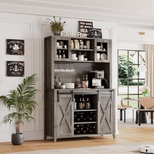 Jojoka - 70" Wine & Coffee Bar Cabinet, Pantry Cabinet with Hutch, Sliding Barn Doors, Wine Racks & Glass Holders - Gray-Front_Standard 