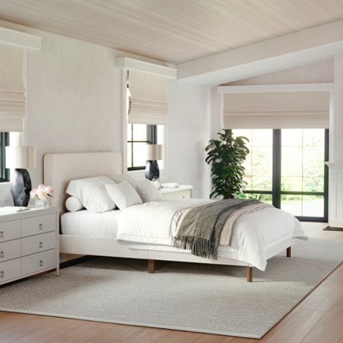 Martha Stewart - Britta Faux Linen Upholstered Full Size Platform Bed with Piped Headboard in Beige - Beige Fabric/Walnut Legs