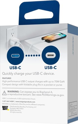 Insignia™ 70W USB-C Port Wall Charger for Smartphones, Tablets, Laptops and More - White BUY IN EUROPE