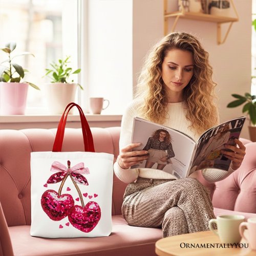 OrnamentallyYou Sequin Pink Cherry Heart Canvas Tote Bag