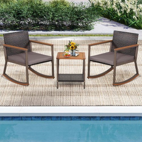 Costway 3 PCS Patio Rattan Rocking Chair Bistro Set Armrest Cushion Table with Storage Shelf - Gray
