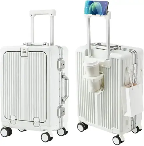 Front. Quick Deer - 20 Inch Carry On Luggage with Front Pocket, Aluminum Frame Hardshell Suitcase with Spinner Wheels and Cup Holder - White.