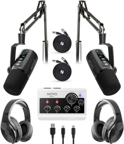 MOVO - Pro Portable Podcast Equipment Bundle for iPhone/Android with Interface, 2 Dynamic Mics, 2 Headphones, 2 Boom Arms-Front_Standard 
