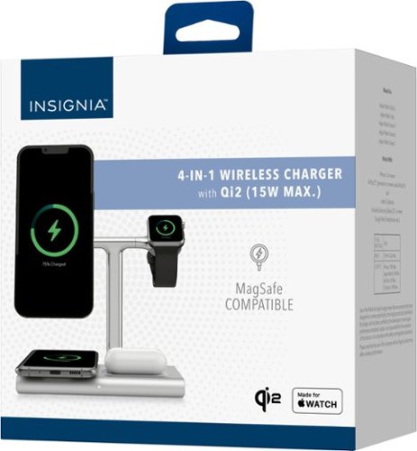 Insignia™ 4-in-1 15W Qi2 Certified Fast Charge Wireless Charging Stand for iPhone, Apple Watch, AirPods & Qi Devices - Silver BUY IN SINGAPORE
