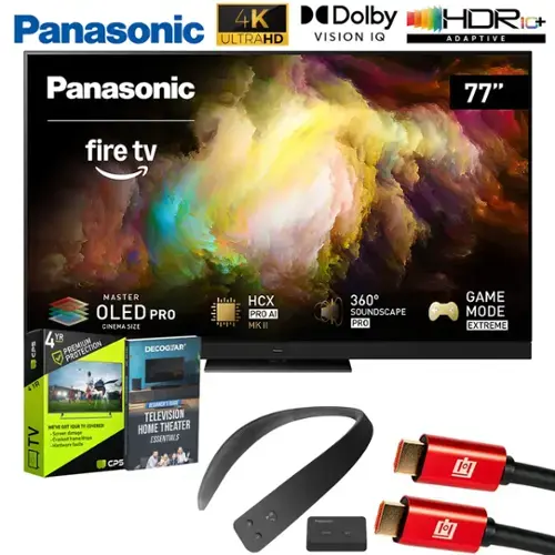 Panasonic 4K Dolby ULTRAHD VISION IQ HDR 1C+ ADAPTIVE Panasonic 77" fire tv CPS MASTER OLED PRO CINEMA SIZE 4 YR PREMIUM DECOGEAR HC PRO Al MK Il 360 SOUNDSCAPE PRO GAME MODE EXTREME 4YR a TV NEVER SCt YOUR TH COVERED! Screen damage Cracked frame/Drage Tauts CPS REGNNET S SUE TELEVISION HOME THEATER ESSENTIALS 1 1