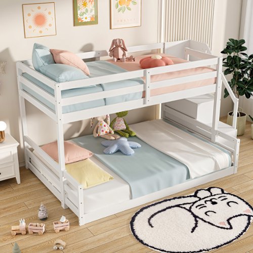 Gymax - Twin Over Full Low Bunk Bed w/ Storage Stairs w/ Full-length Guardrails - White-Front_Standard 