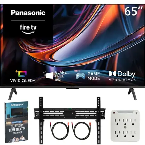 Panasonic  
65"  
fire tv  
+ VIVID QLED+  
GLARE FREE MAX  
+ GAME MODE  
Dolby VISION-ATMOS  

Panasonic  
DECOGEAR  
BEGINNER'S GUIDE TELEVISION HOME THEATER ESSENTIALS