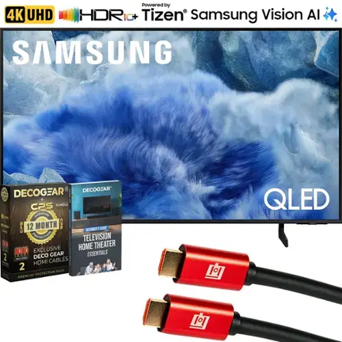 Sure, here is the corrected and grouped text from the image:

---

**4K UHD HDR10+**  
Powered by Tizen  
Samsung Vision AI  

**SAMSUNG**  

**QLED**  

**DECOGEAR + CPS BUNDLE**  
- 12 MONTH CPS PROTECTION  
- EXCLUSIVE DECOGEAR HDMI CABLES  
- 2 HDMI CABLES  

**DECOGEAR**  
- BEGINNER'S GUIDE  
- TELEVISION HOME THEATER ESSENTIALS  

**CPS**  
- 12 MONTH PROTECTION PLAN  

**EXCLUSIVE**  
- DECOGEAR HDMI CABLES  

**2 HDMI CABLES**  

**PREMIUM PROTECTION PLAN**  

**TELEVISION HOME THEATER ESSENTIALS**  

**0.00**  

**EXCLUSIVE**  
- DECOGEAR HDMI CABLES  

**2 HDMI CABLES**  

**PREMIUM PROTECTION PLAN**  

**TELEVISION HOME THEATER ESSENTIALS**  

**0.00**  

---