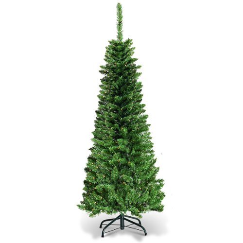 Costway - 4.5ft Pre-Lit Hinged Pencil Christmas Tree 150 White Lights