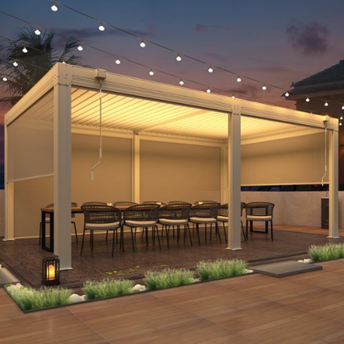 U-HOMY - 12x20 ft Outdoor Aluminum Pergola with Adjustable Rainproof Roof & Privacy Screens - White-Front_Standard 